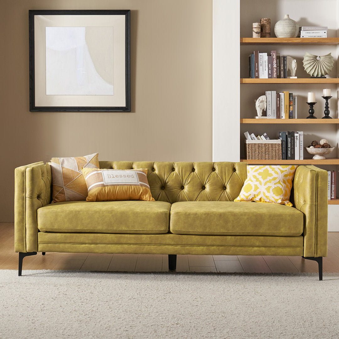Brinna Contemporary 84" Upholstered Button-tufted Sofa with Metal Legs Wade Logan® Fabric: Mustard Polyester