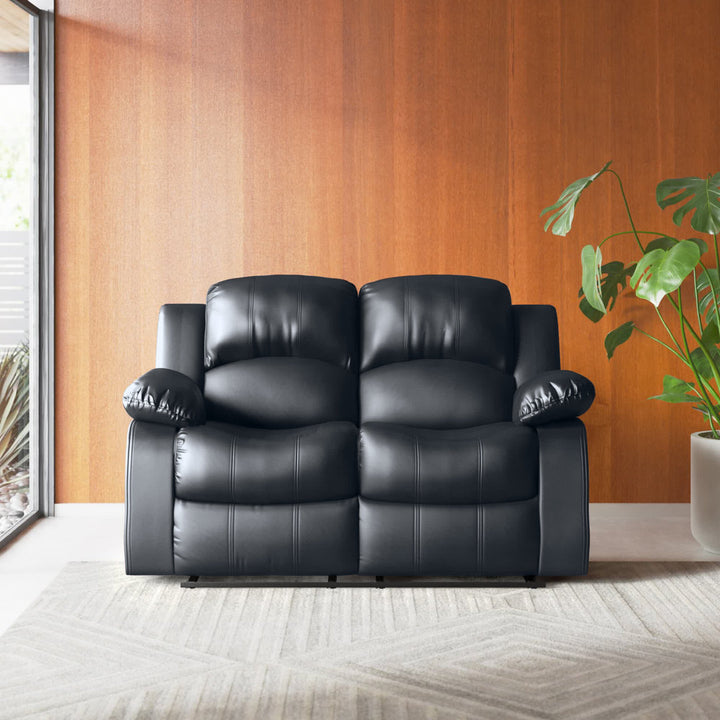Mccubbin 60" Faux Leather Pillow Top Arm Reclining Loveseat Wade Logan® Upholstery Color: Black Faux Leather