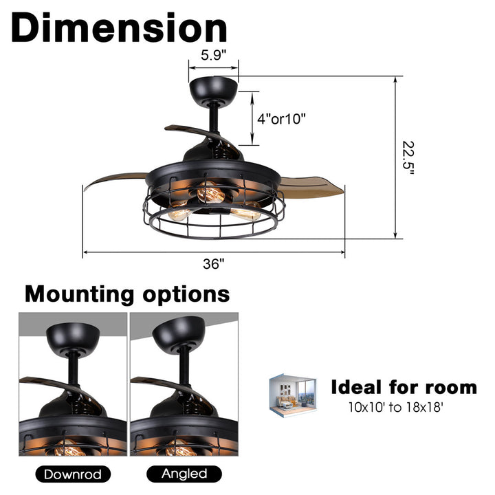 36'' Robichaux 3 - Blade Retractable Blades Ceiling Fan with Remote Control and Light Kit Included Trent Austin Design®