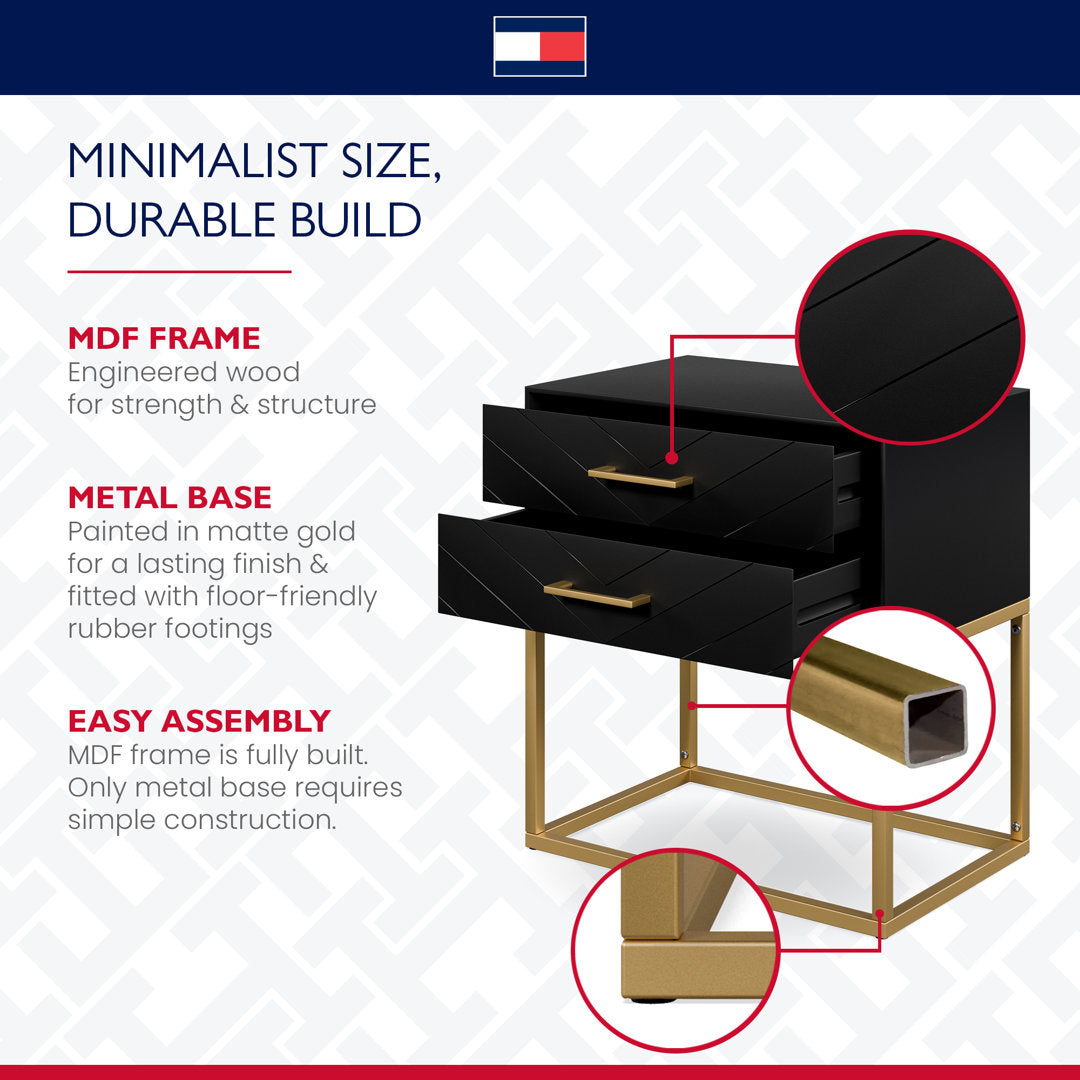 Tommy Hilfiger Ellias Modern Side Table Nightstand with 2 Drawers, Semi Gloss Black & Matte Gold Tommy Hilfiger