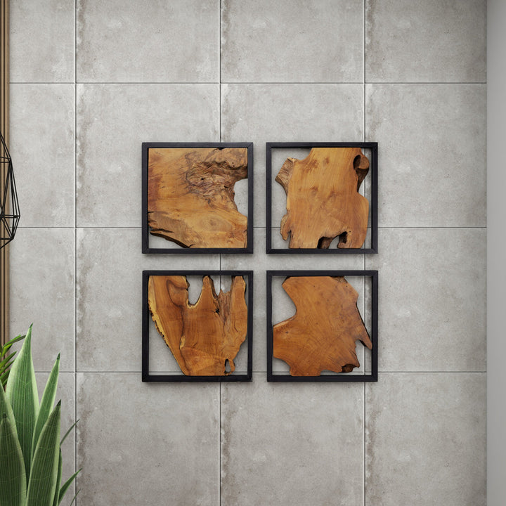 Teak Wood Handmade Live Edge Tree Trunk Abstract Home Wall Decor with Black Frames Mercury Row®