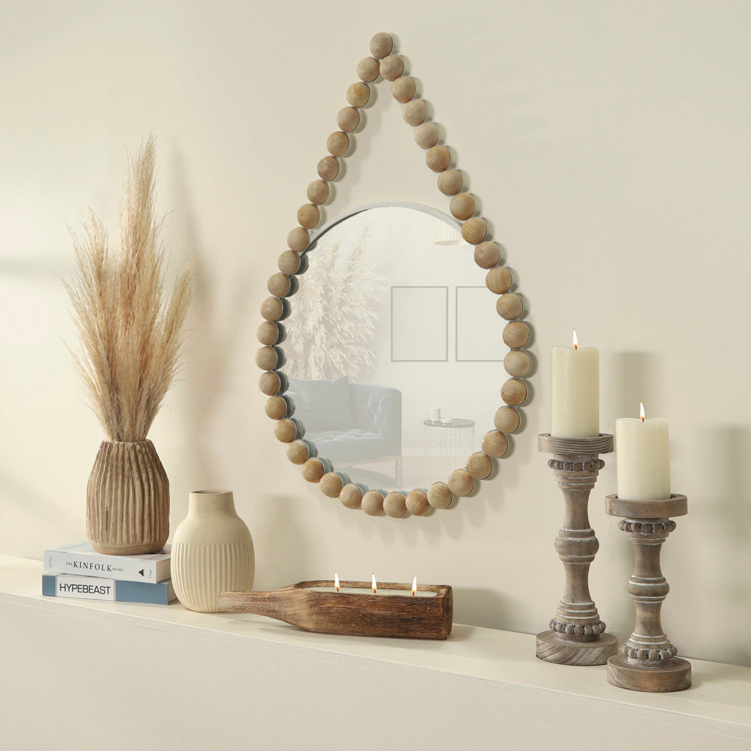 36" Beaded Round Mirror Contemporary Boho Coastal White and Natural Hanging Wooden Wall Mirror Decor Mistana™ Teen
