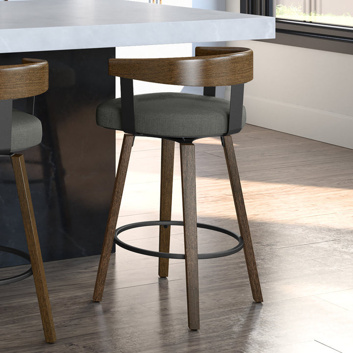 Calvion Swivel Counter & Bar Stool with Wooden Backrest Wade Logan® Upholstery: Charcoal Gray, Seat Height: Counter Stool (26.25" Seat Height)