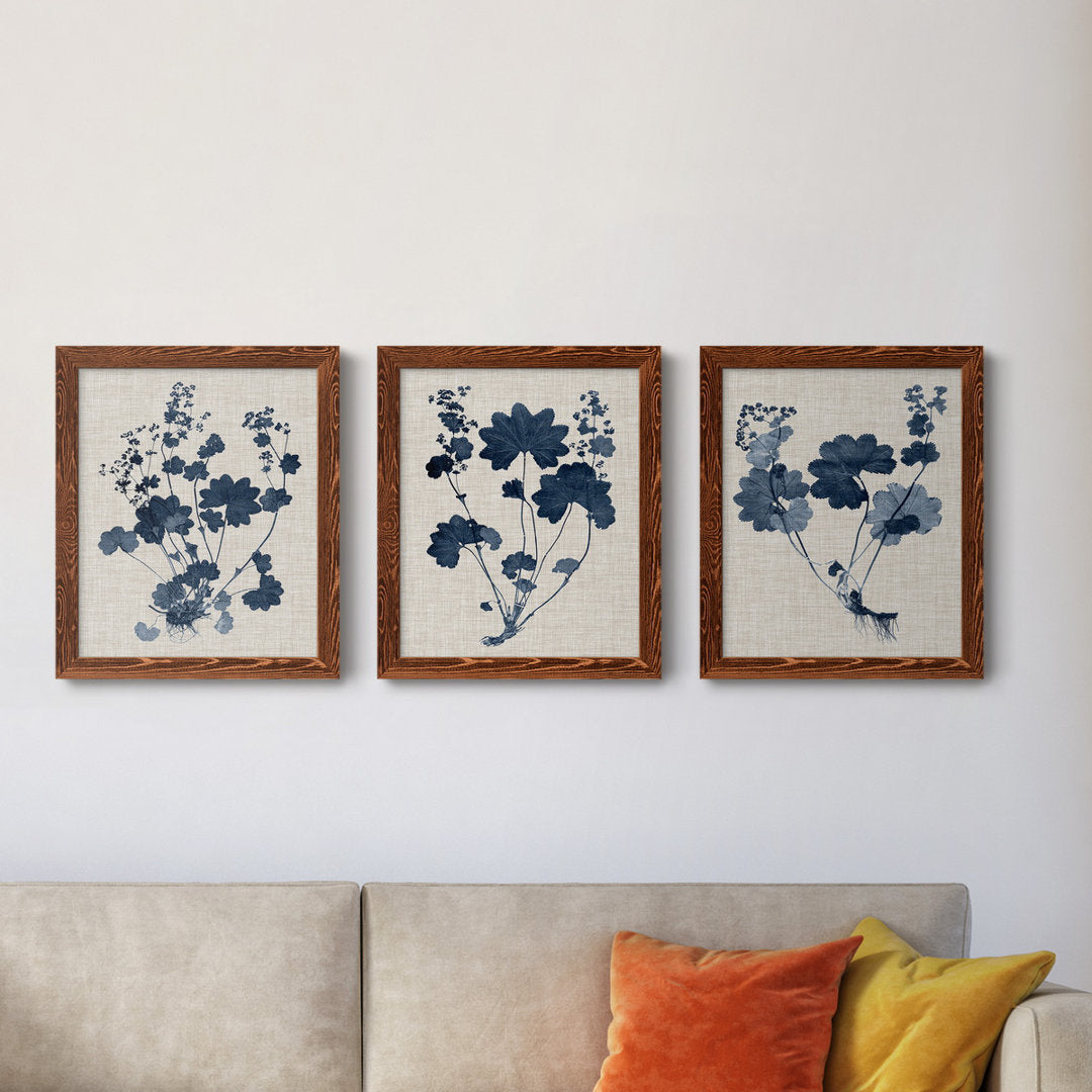 Navy and Linen Leaves II - 3 Piece Picture Frame Painting Set on Canvas Red Barrel Studio® Frame Color: Maple Size: 24" H x 36" W x 1.5" D