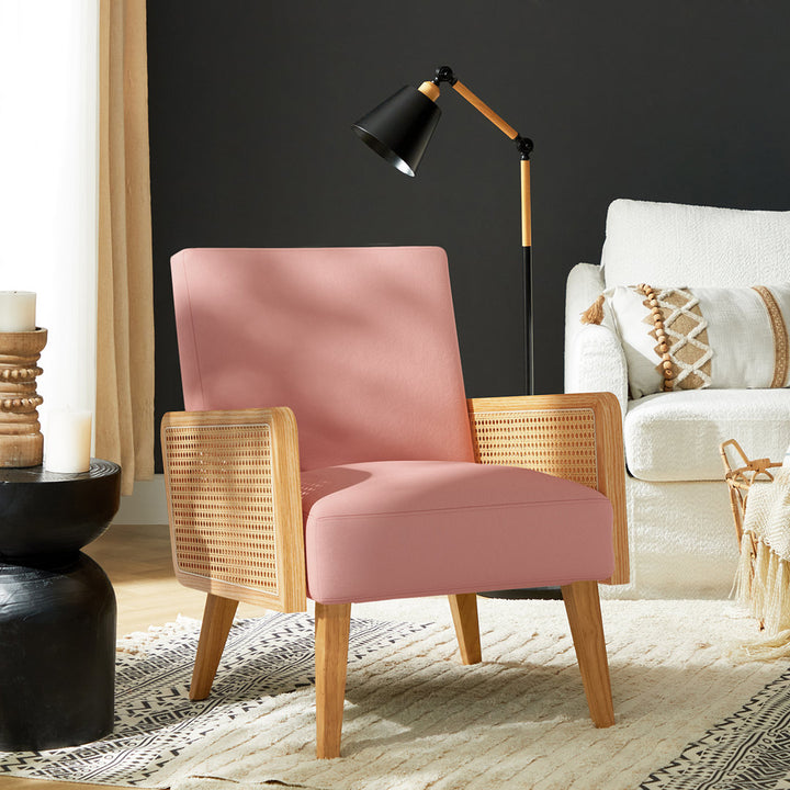 Mayenne Upholstered Accent Chair with Rattan Arms Lark Manor™ Fabric: Blush Velvet