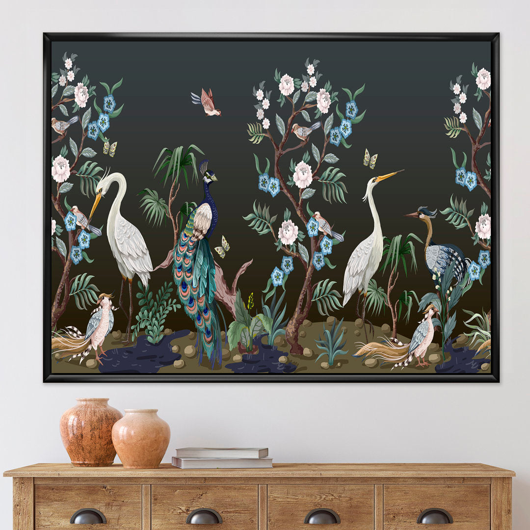 Chinoiserie with Birds and Peonies IV - Painting on Canvas East Urban Home Size: 24" H x 32" W x 1" D Format: Black Floater Frame