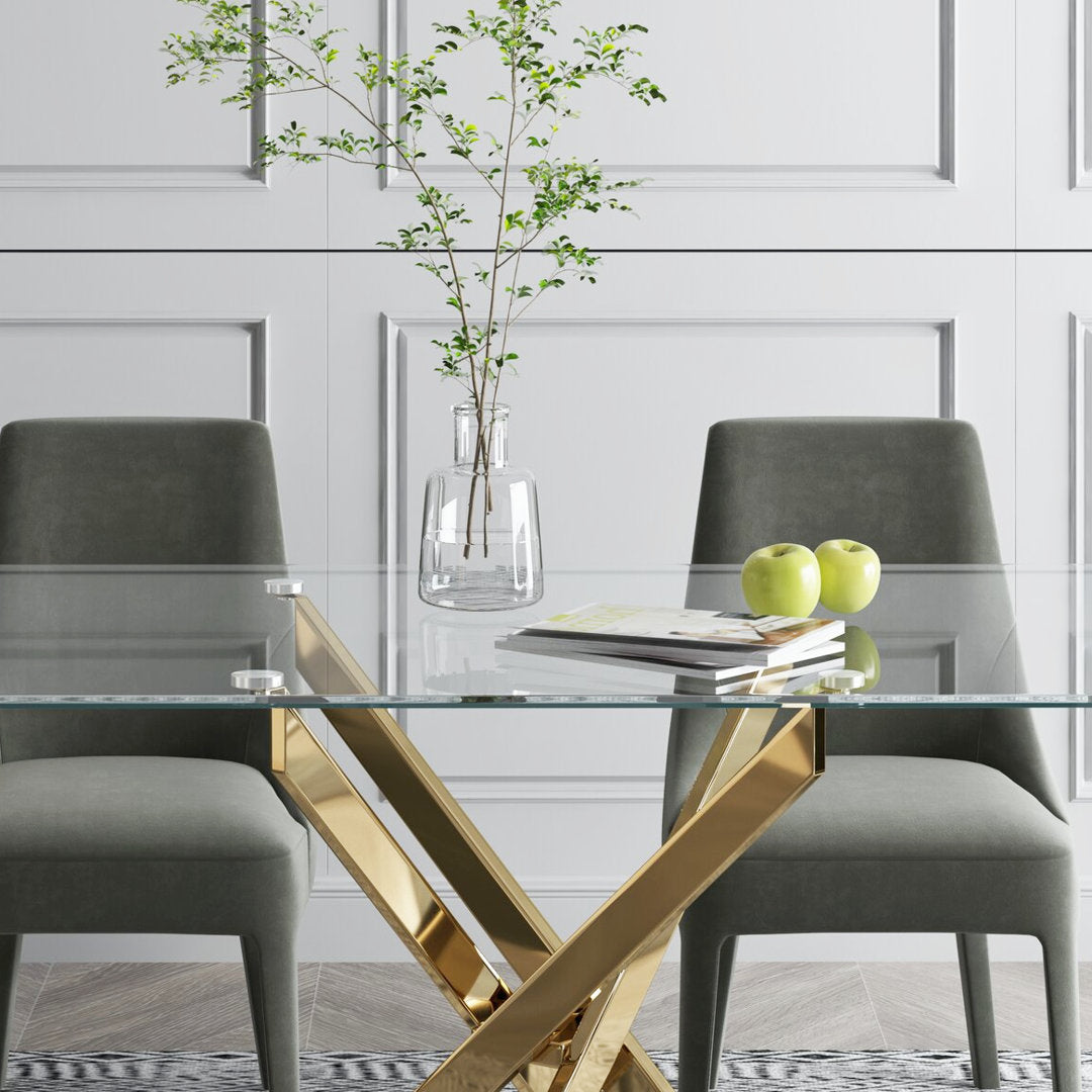 Ceolia 63" Glass Dinning Table with Metal Base for 6 to 8 People Mercer41 Table Base Color: Gold