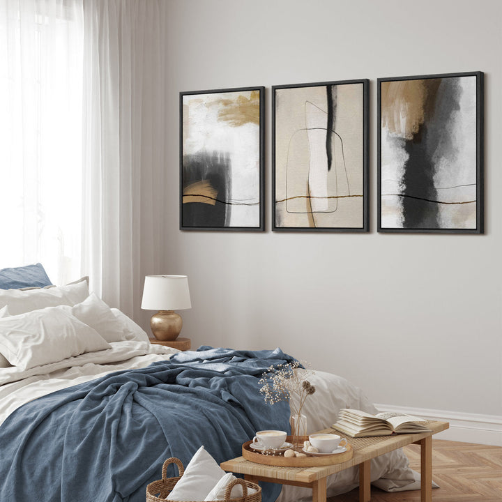 Grunge Abstract Paint Stroke Effect Tan Gray Neutral Organic Modern Pictures Framed Canvas Abstract Living Room Wall Art Painting Print IDEA4WALL Size: 36" H x 72" W Format: Black Plastic Framed