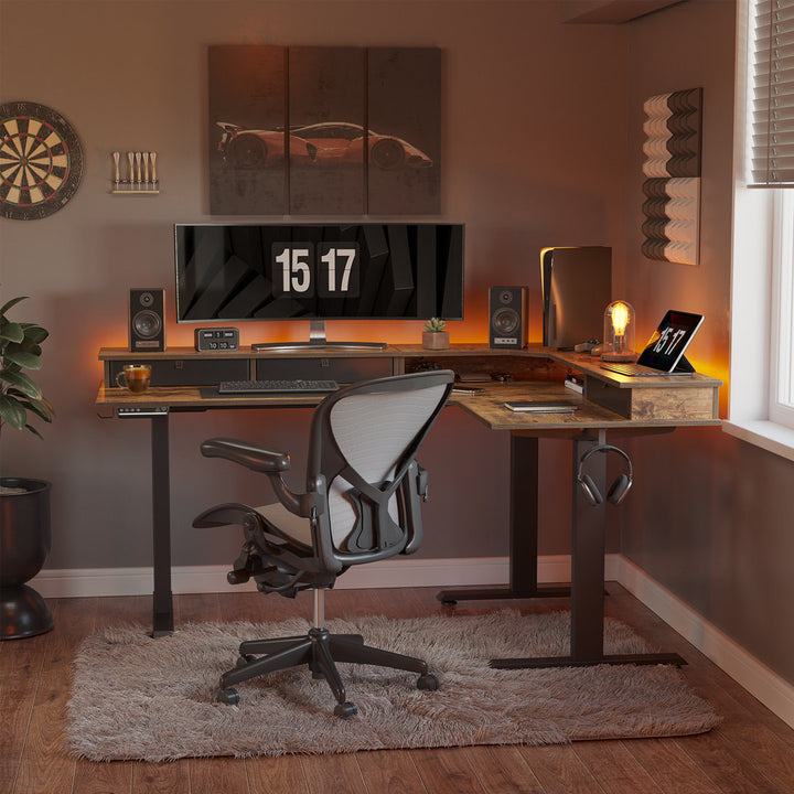 Llean L-Shape Standing Gaming Desk Inbox Zero Color (Top/Frame): Rustic Brown