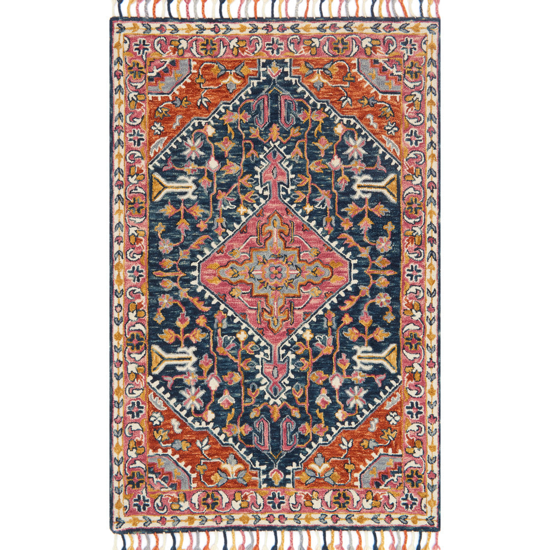 Carroll Oriental Hand Hooked Wool Navy/Orange/Gray Area Rug Joss & Main Rug Size: Rectangle 7'9" x 9'9"