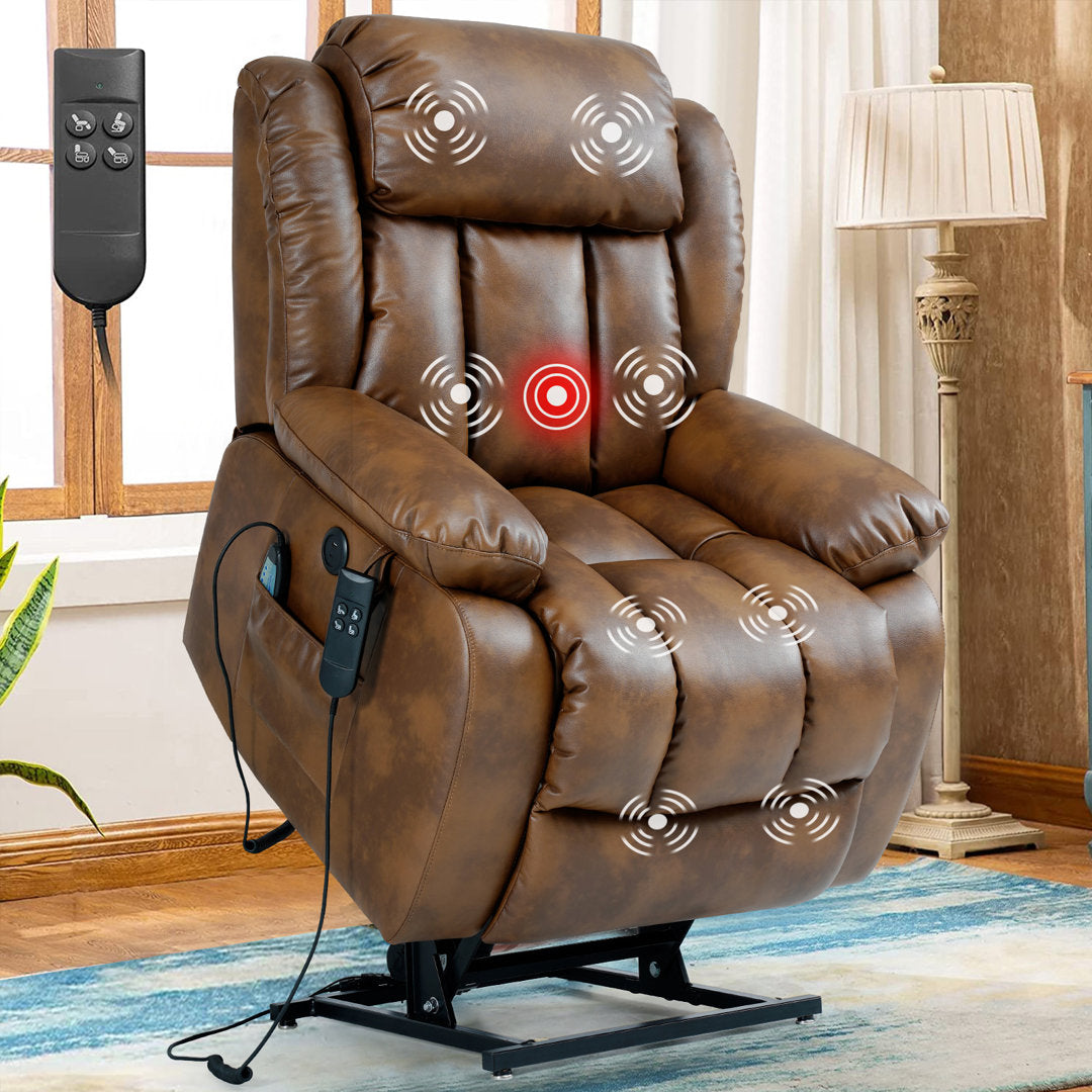 40.1'' Wide Dual Motor Genuine Leather Power Lift Assist Standard Recliner with Massager Latitude Run® Body Fabric: Light Brown Genuine Leather