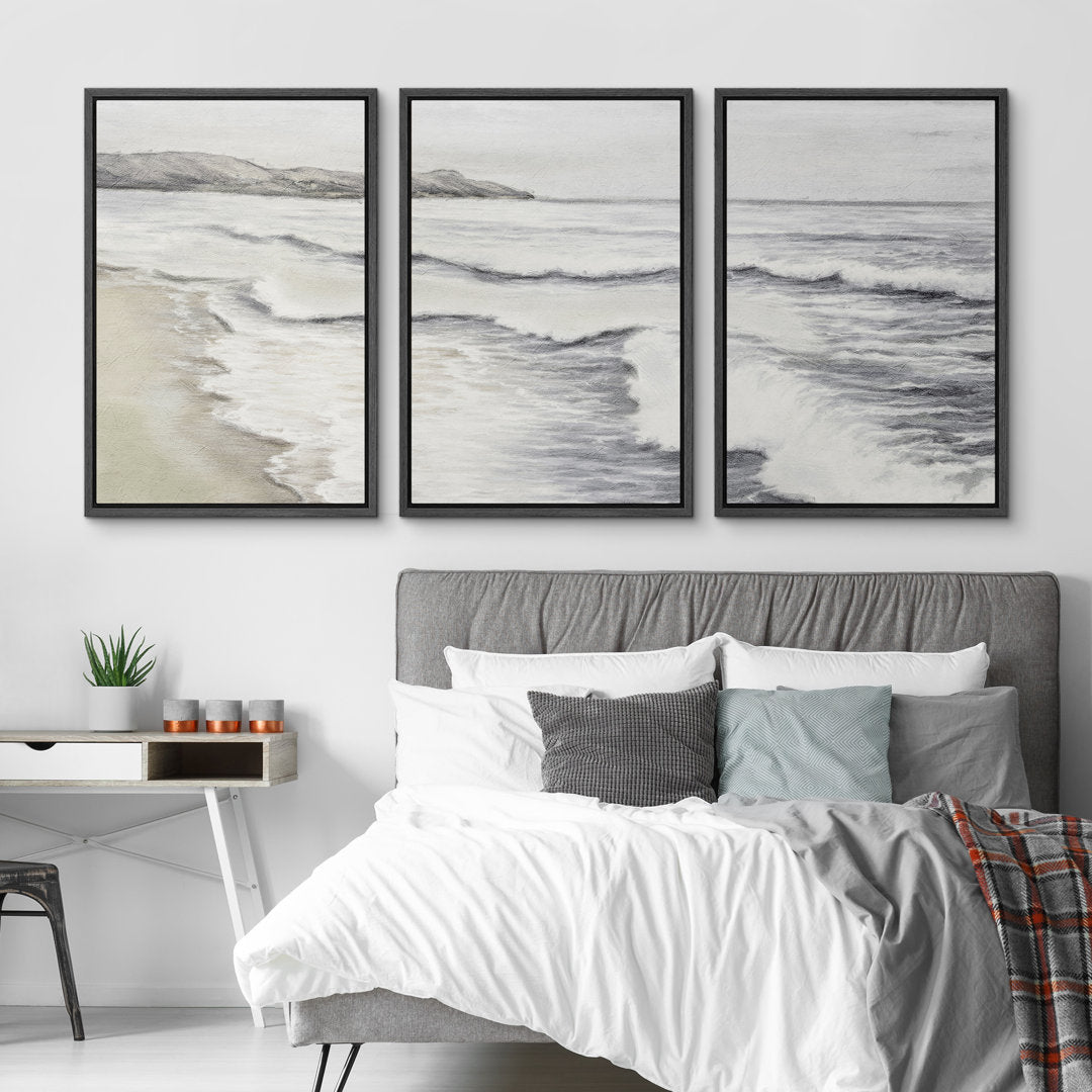 Coastal Beach Ocean Waves Muted Relax Calm Seascape Home Decor - Framed Canvas Print Wall Art Work SIGNLEADER Size: 24" H x 48" W x 1.5" D Format: Black Framed