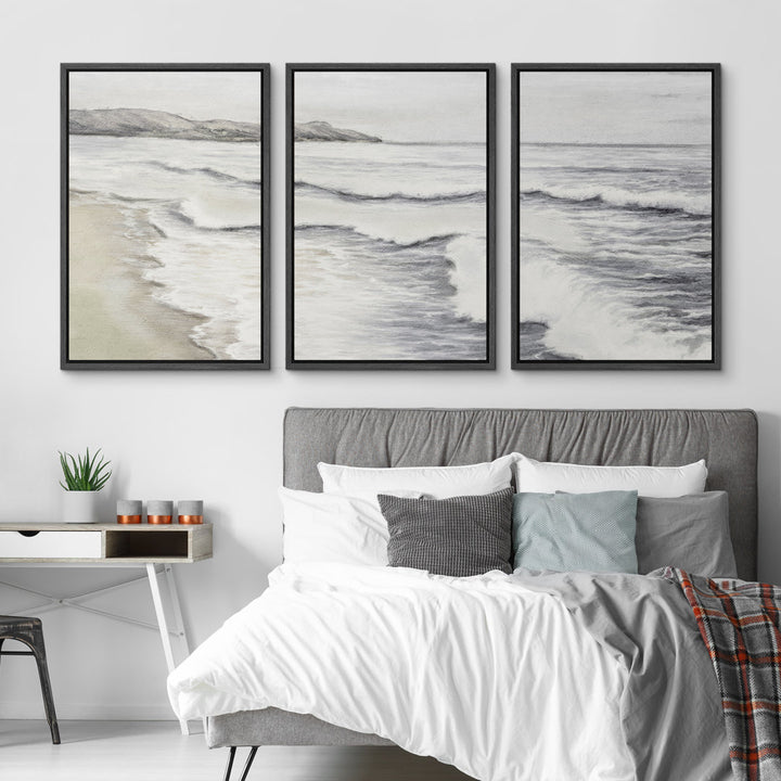 Coastal Beach Ocean Waves Muted Relax Calm Seascape Home Decor - Framed Canvas Print Wall Art Work SIGNLEADER Size: 24" H x 48" W x 1.5" D Format: Black Framed