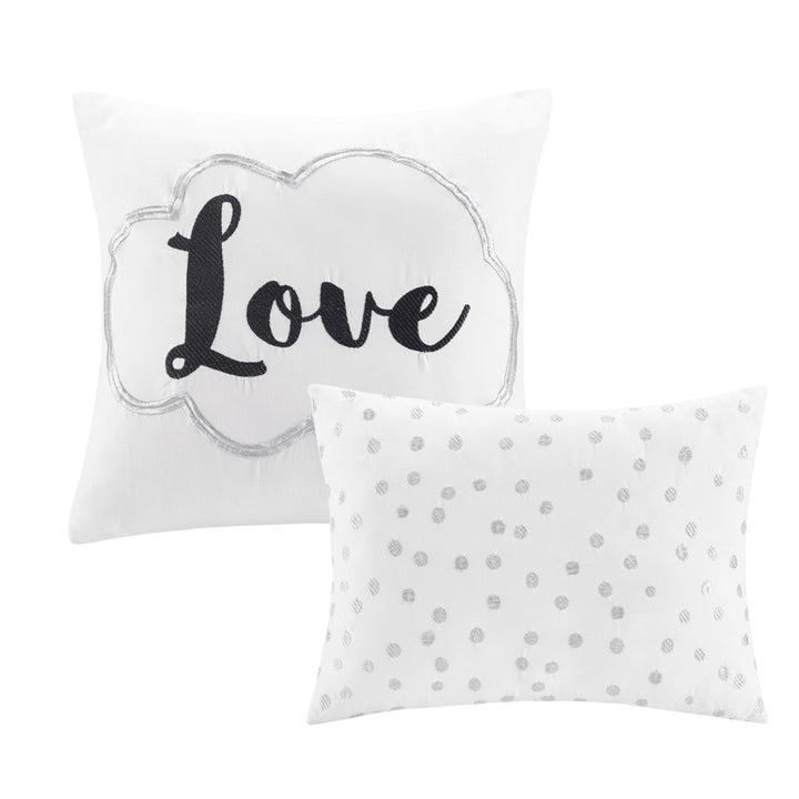 Raina Metallic Printed Comforter Set Intelligent Design Color: White/Silver Size: Full/Queen Comforter + 2 Shams + 2 Throw Pillow