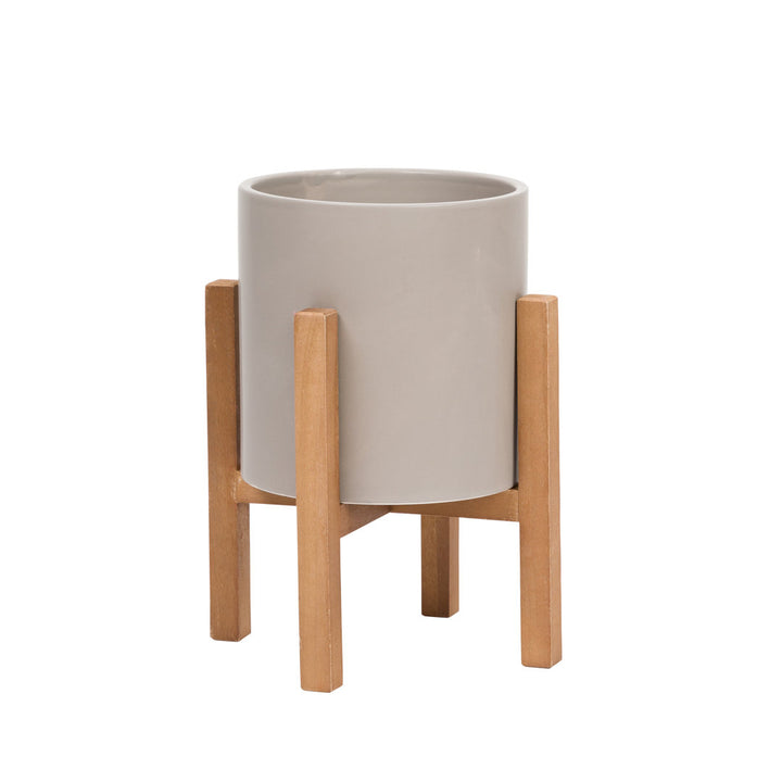 Surles Round Modern Ceramic Indoor Pot Planter with Wood Legs Mercury Row® Color: Gray Size: 13" H x 9" W x 9" D