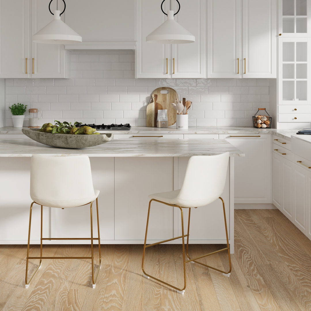 Nia Vegan Leather Bar & Counter Stool (Set of 2) AllModern Frame Color: Gold Seat Height: Counter Stool (24" Seat Height), Upholstery: Off White Vegan Leather