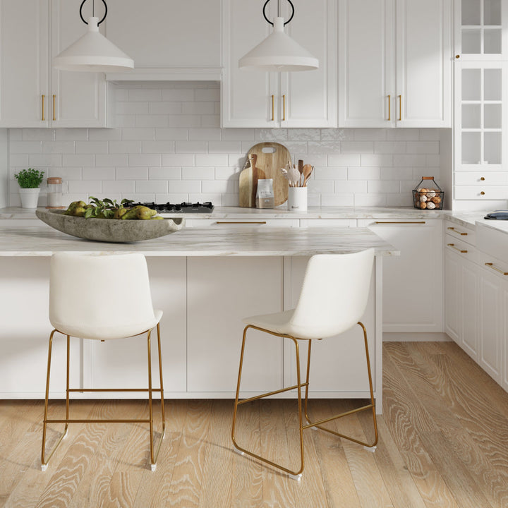 Nia Vegan Leather Bar & Counter Stool (Set of 2) AllModern Frame Color: Gold Seat Height: Counter Stool (24" Seat Height), Upholstery: Off White Vegan Leather