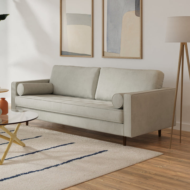 Geo 84" Upholstered Sofa AllModern Fabric: Bella Platinum Performance Velvet