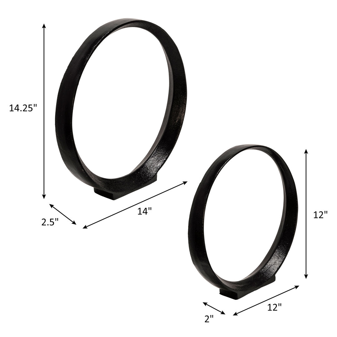 Set of 2 Metal Ring Sculptures - Modern Abstract Black Aluminum 12" and 14" Circular Sculpture Steelside™