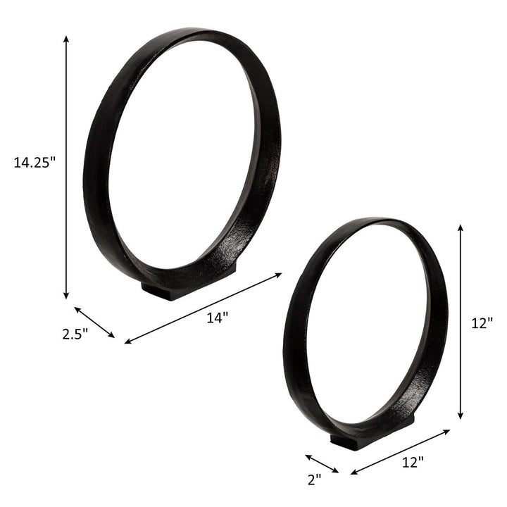 Set of 2 Metal Ring Sculptures - Modern Abstract Black Aluminum 12" and 14" Circular Sculpture Steelside™
