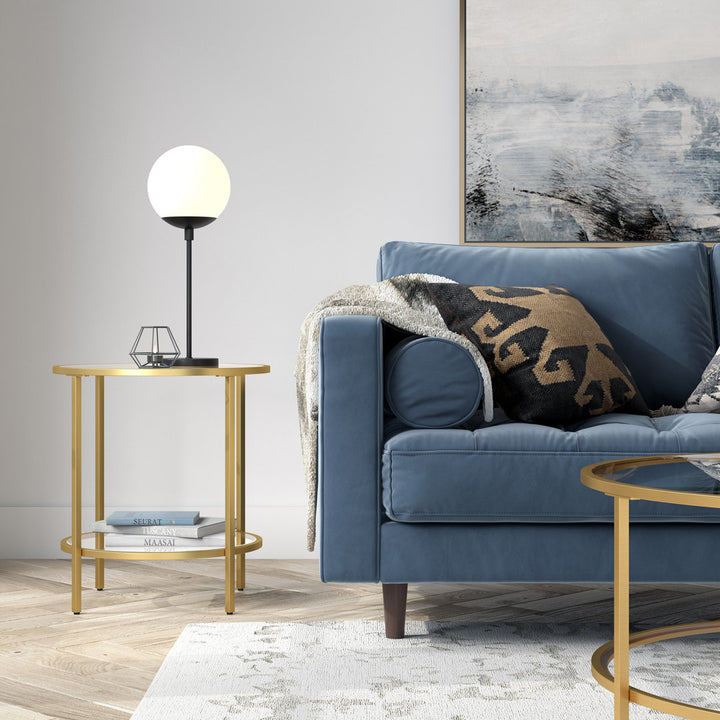 Ceno Glass End Table with Storage Wade Logan® Table Base Color: Brass