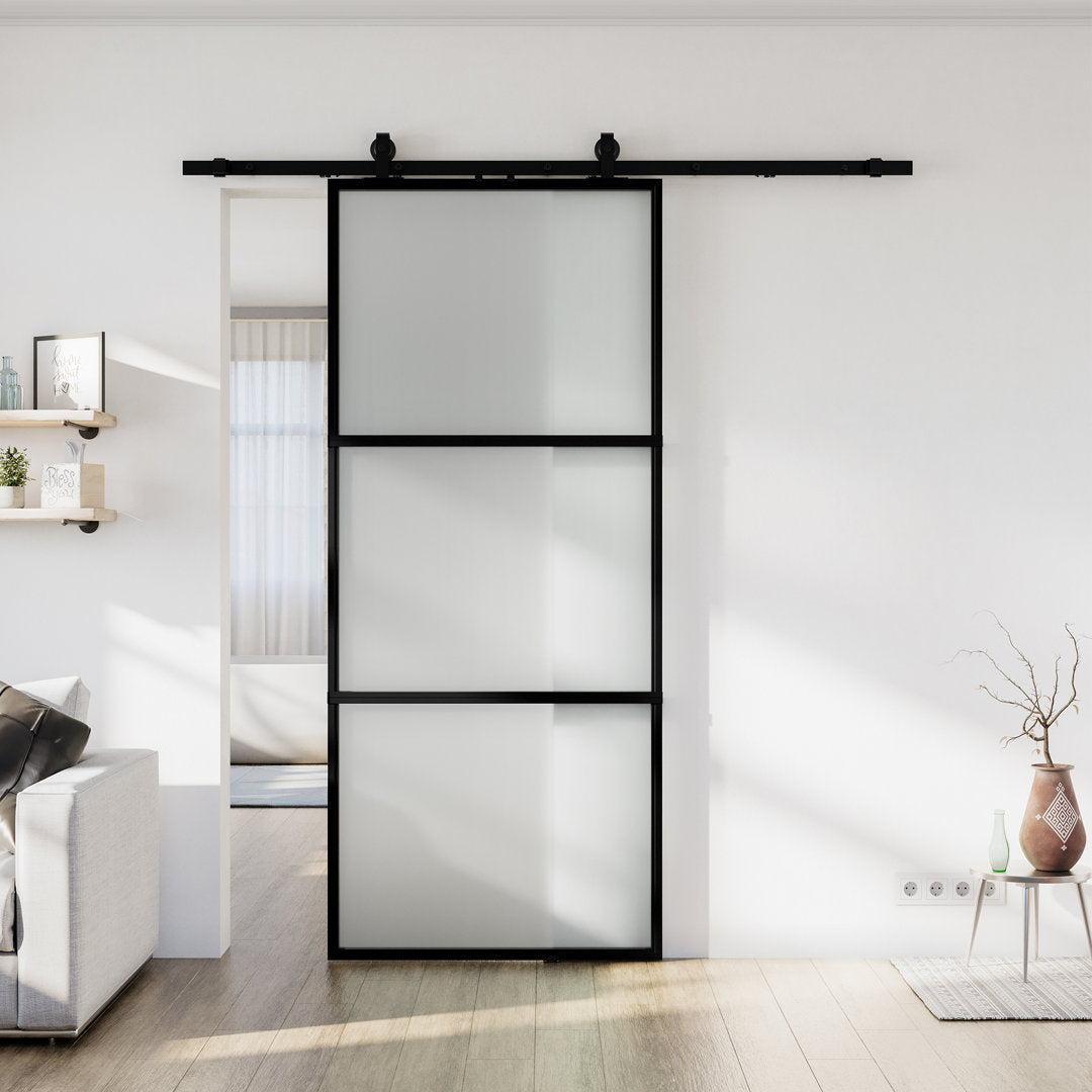 Metal and Glass Sliding Barn Door with Installation Hardware Kit ( Soft-close Included) LDB_BUILDING Size: 36" x 84" Finish: Frosted