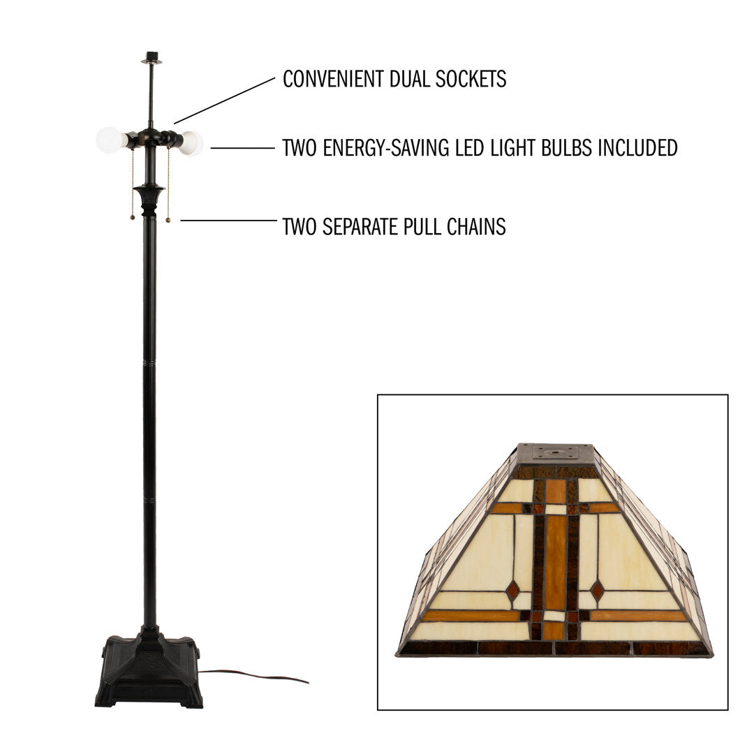 Damico 61" Tiffany Style Floor Lamp – Mission Design Standing Light with Art Glass Lampshade and 2 LED Bulbs – Vintage Look Accent Decor Millwood Pines