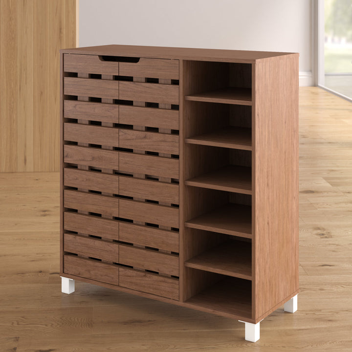 Shirley Modern and Contemporary 2 Door Wood 18 Pair Shoe Cabinet with Open Shelves Ebern Designs