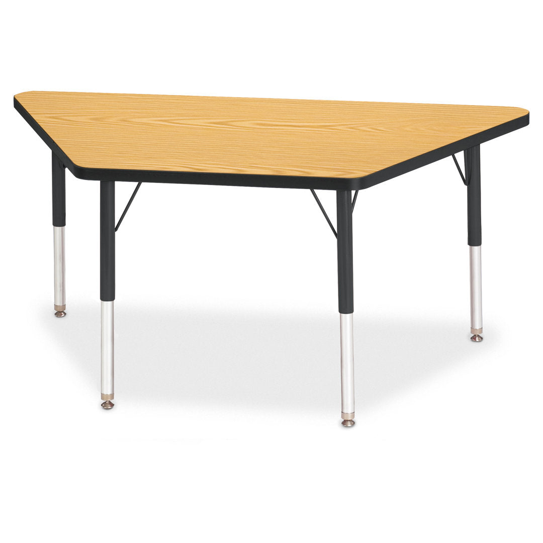 Berries® Trapezoid Activity Tables Jonti-Craft Size: 30" W x 60" D (Elementary size: 15" - 24" H) Side Finish: Oak with Black Ridgeline Band