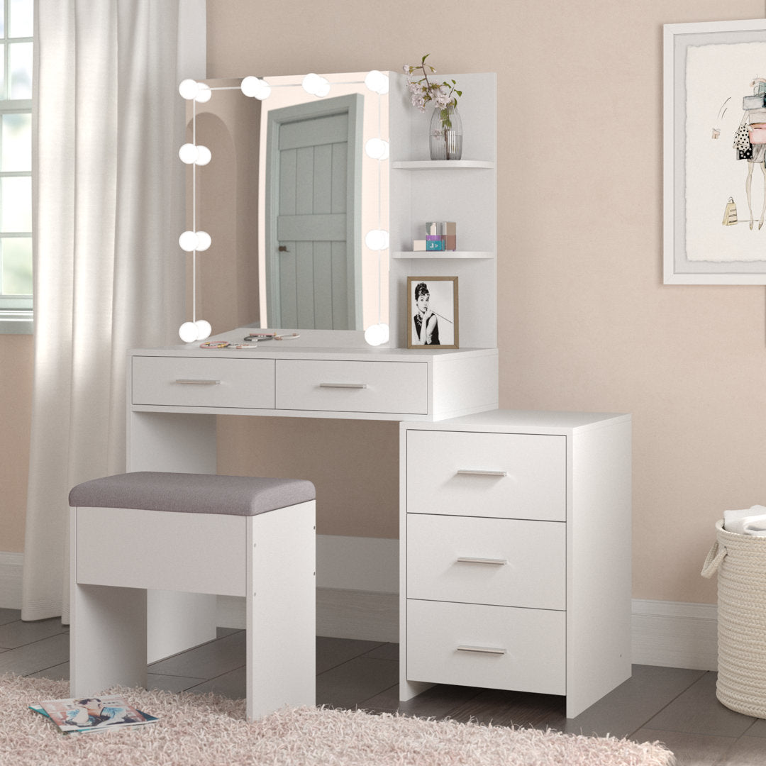 Calletano 44.3"Wide Makeup Vanity Set with Mirror Cabinet, Stool,5 Drawers Wade Logan® Color: White