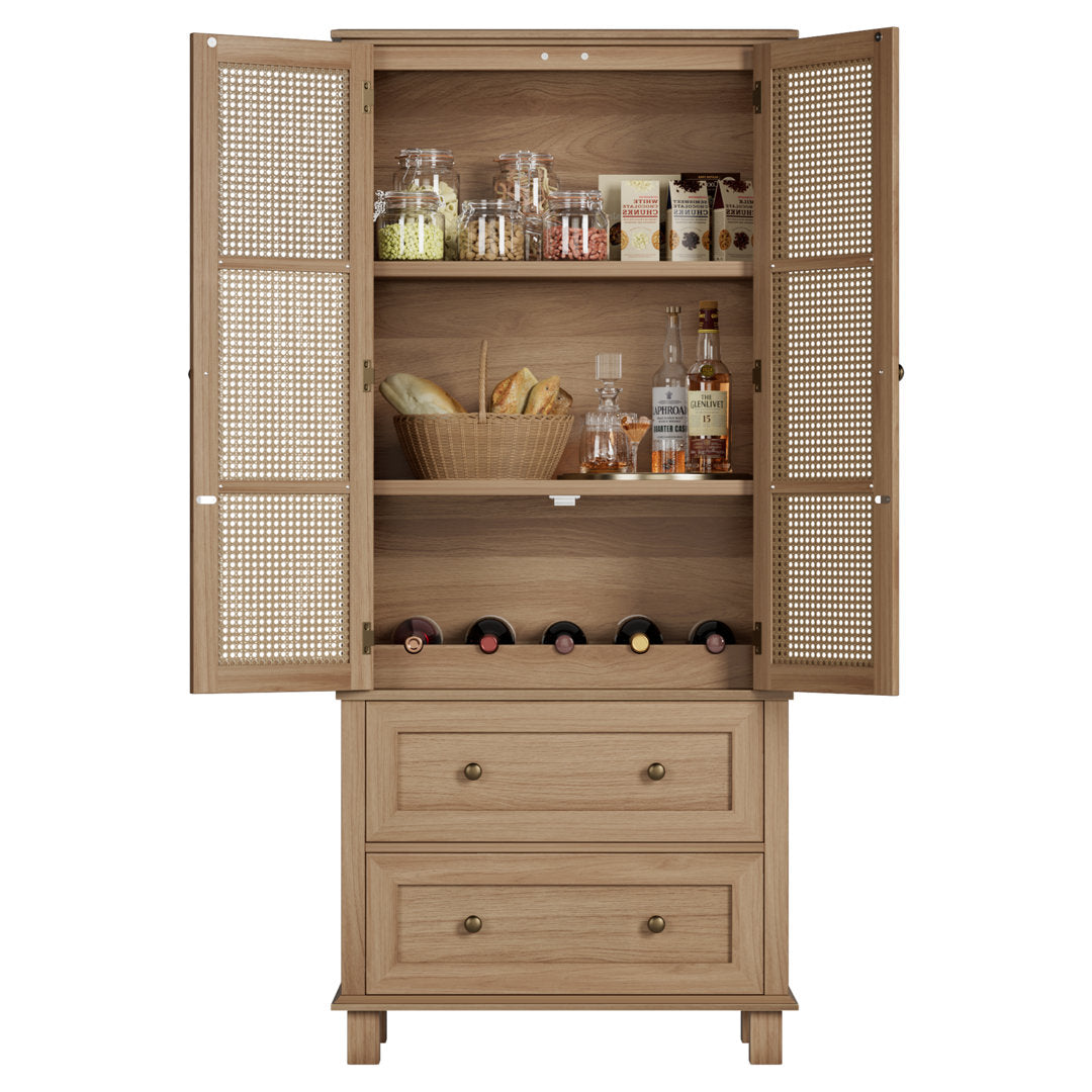 2-Door 2-Drawer Tall Locker With Faux Rattan And Faux Solid Wood Surface, 64.4"H X 28.54"W X 15"D Bay Isle Home™ Color: Brown