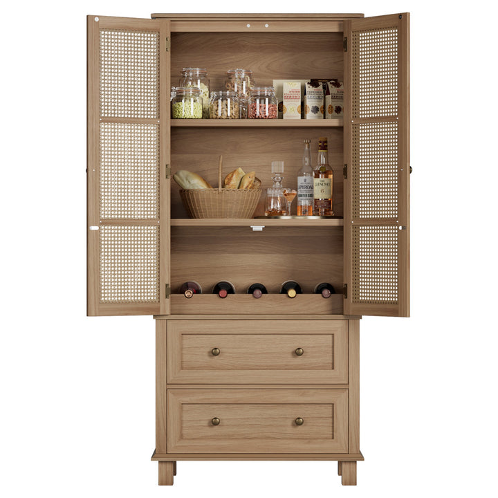 2-Door 2-Drawer Tall Locker With Faux Rattan And Faux Solid Wood Surface, 64.4"H X 28.54"W X 15"D Bay Isle Home™ Color: Brown