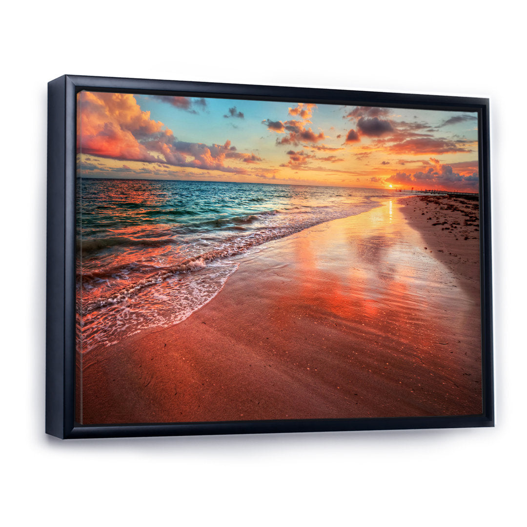 Sunset over an Ocean Beach Shore II - Photograph on Canvas East Urban Home Size: 16" H x 32" W x 1" D Format: Black Floater Framed