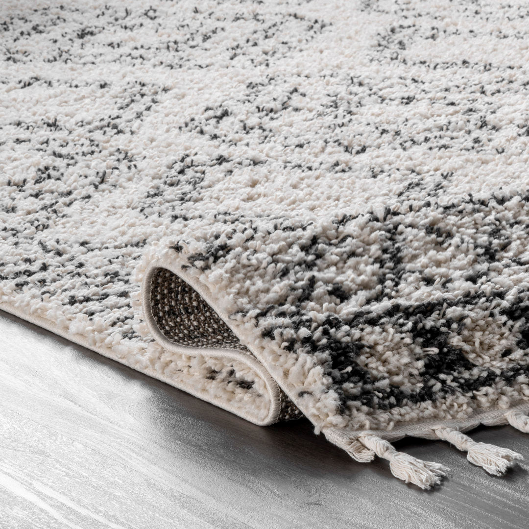 Adry Moroccan Shag Tasseled Cream/Charcoal Area Rug Union Rustic Rug Size: Runner 2'6" x 14'