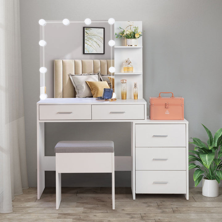 Calletano 44.3"Wide Makeup Vanity Set with Mirror Cabinet, Stool,5 Drawers Wade Logan® Color: White