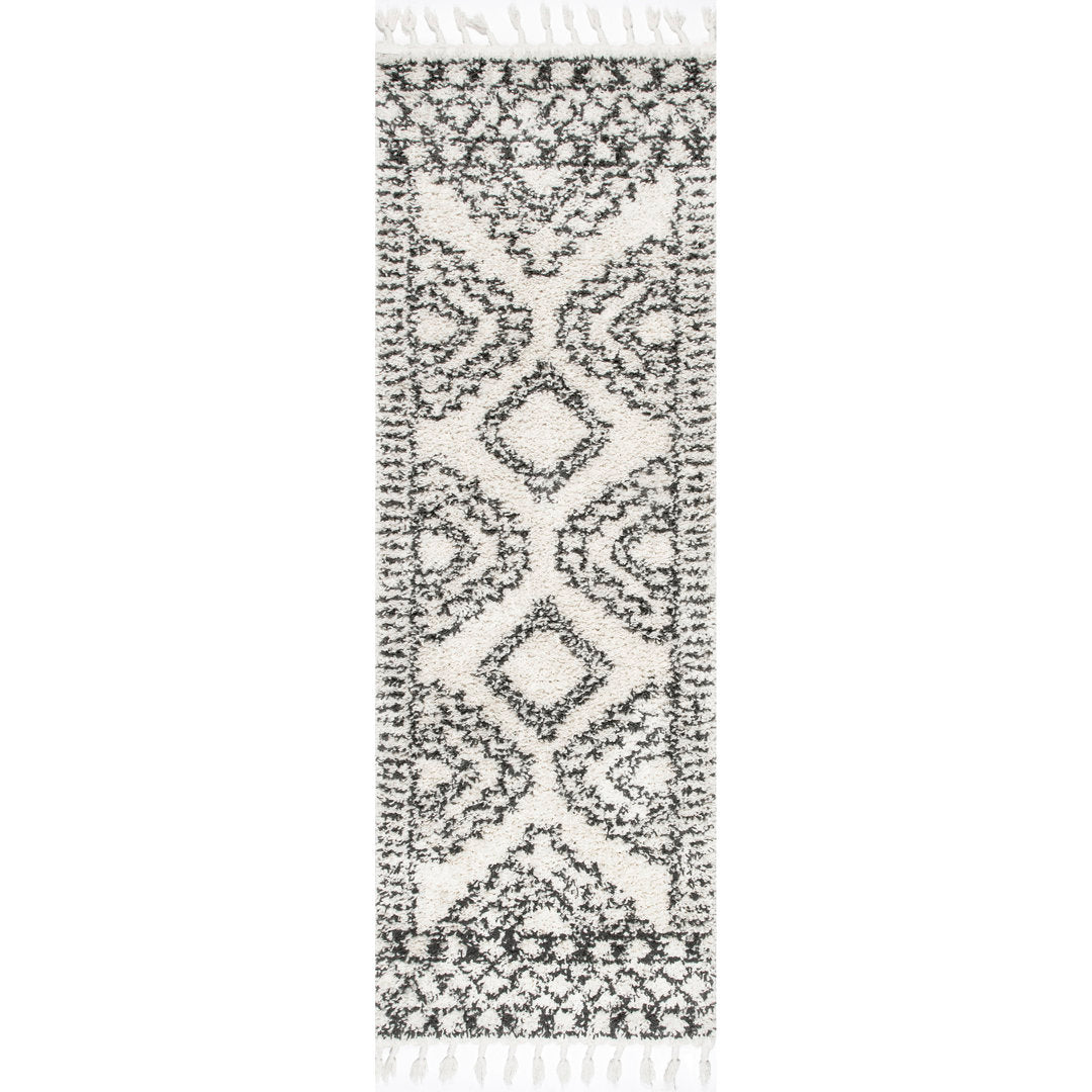 Adry Moroccan Shag Tasseled Cream/Charcoal Area Rug Union Rustic Rug Size: Runner 2'6" x 14'