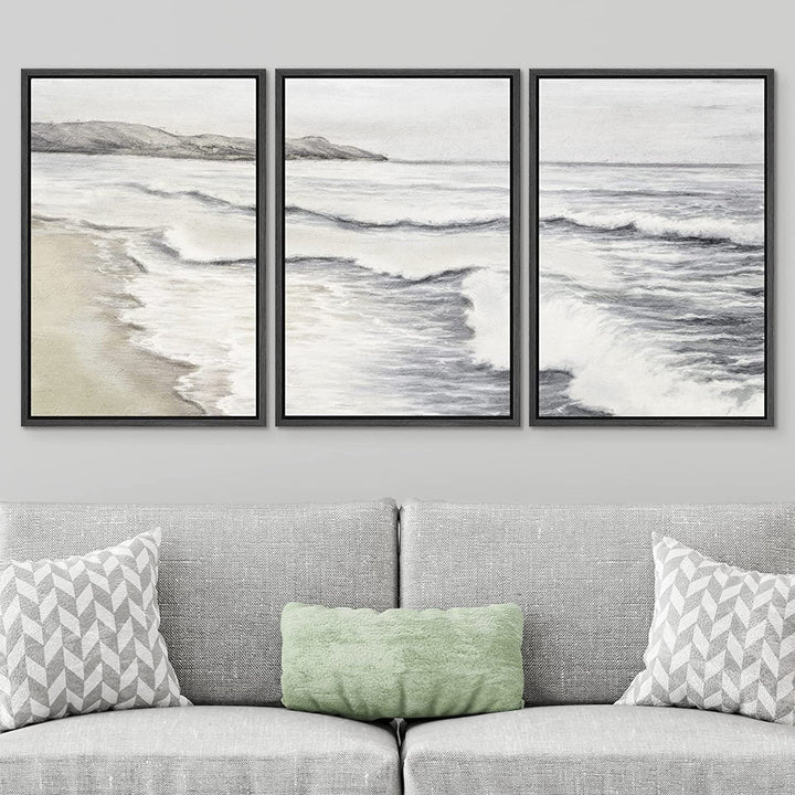 Coastal Beach Ocean Waves Muted Relax Calm Seascape Home Decor - Framed Canvas Print Wall Art Work SIGNLEADER Size: 24" H x 48" W x 1.5" D Format: Black Framed