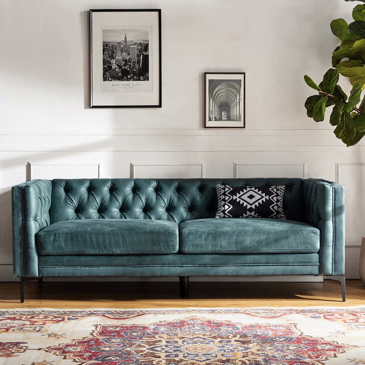 Brinna Contemporary 84" Upholstered Button-tufted Sofa with Metal Legs Wade Logan® Fabric: Blue Polyester