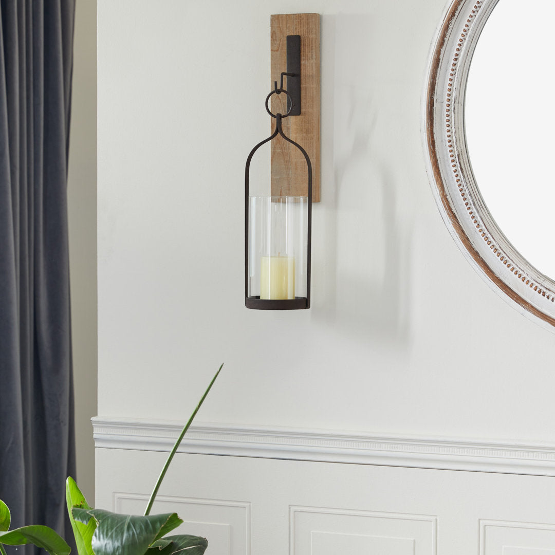 Black Wood Wall Sconce with Metal and Glass Holder 6" x 6" x 23" Gracie Oaks