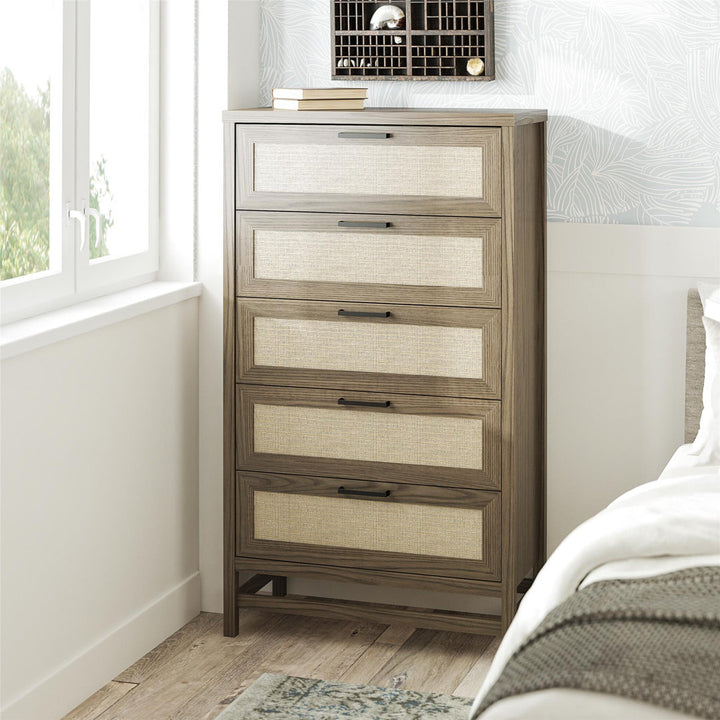 Barros Faux Rattan 5 Drawer 31.65" W Chest Beachcrest Home™ Color: Medium Brown