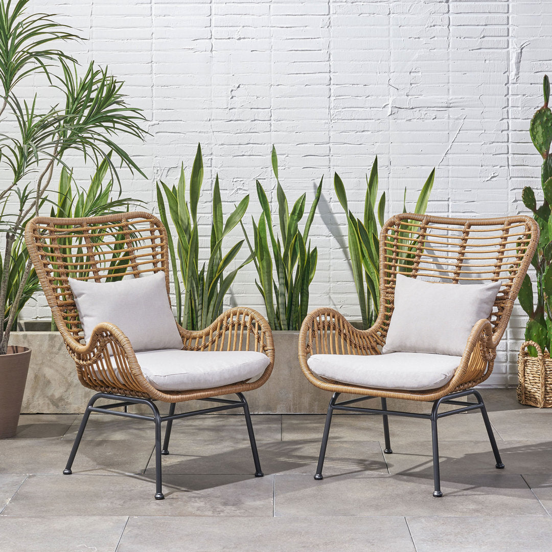 Tapscott Wicker Patio Chair with Cushions (Set of 2) Bay Isle Home™ Cushion Color: Light Brown Frame / Beige Cushion