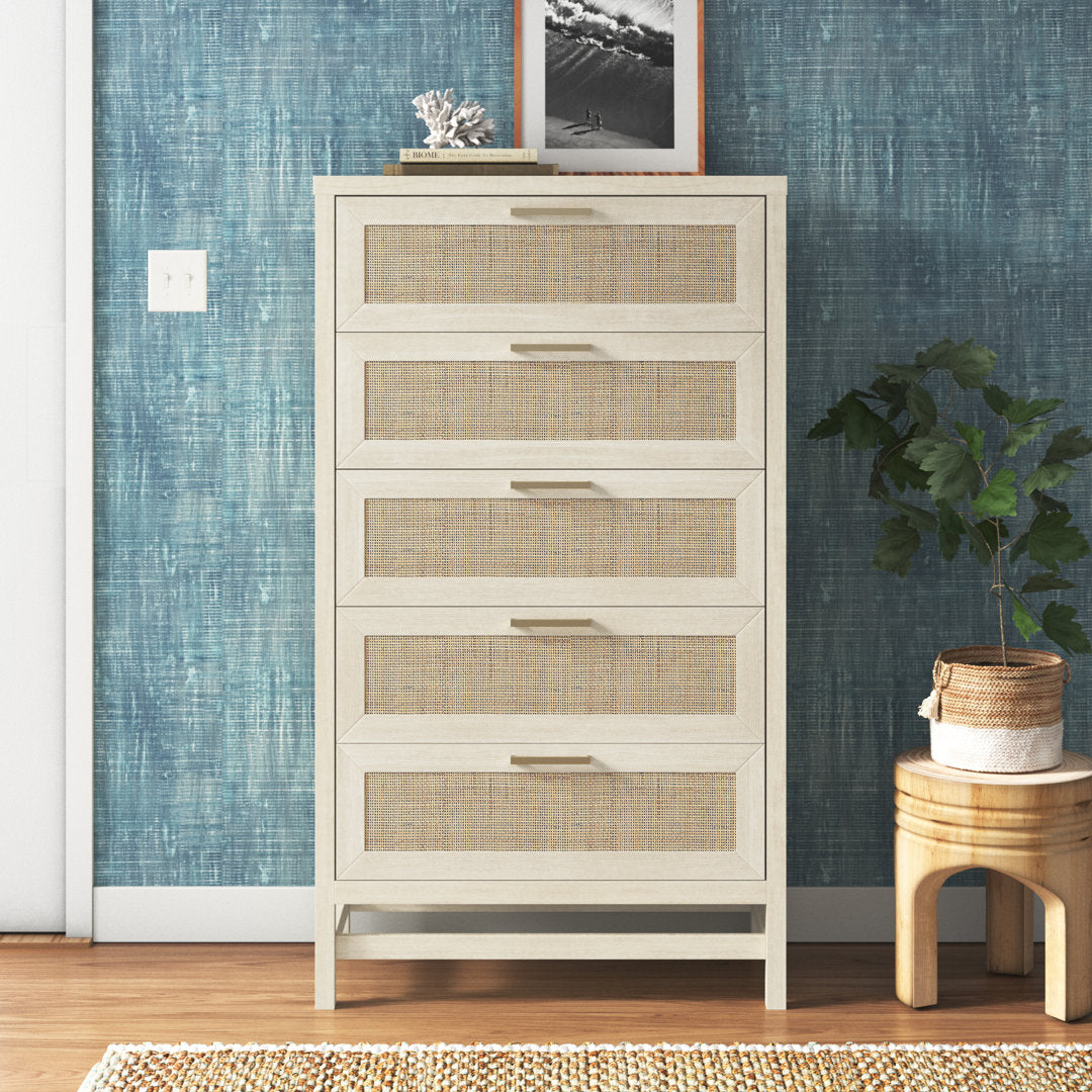 Barros Faux Rattan 5 Drawer 31.65" W Chest Beachcrest Home™ Color: Ivory Oak