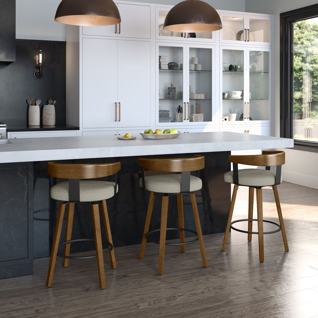 Calvion Swivel Counter & Bar Stool with Wooden Backrest Wade Logan® Upholstery: Light Beige/Gray Bouclé, Seat Height: Counter Stool (26.25" Seat Height)