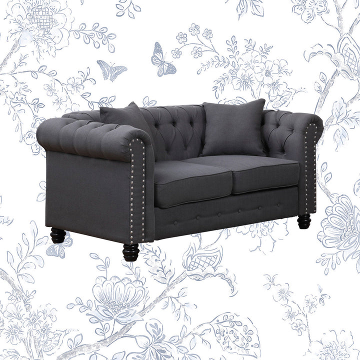 Provence 61" Rolled Arm Chesterfield Loveseat Kelly Clarkson Home Upholstery Color: Charcoal Linen Blend