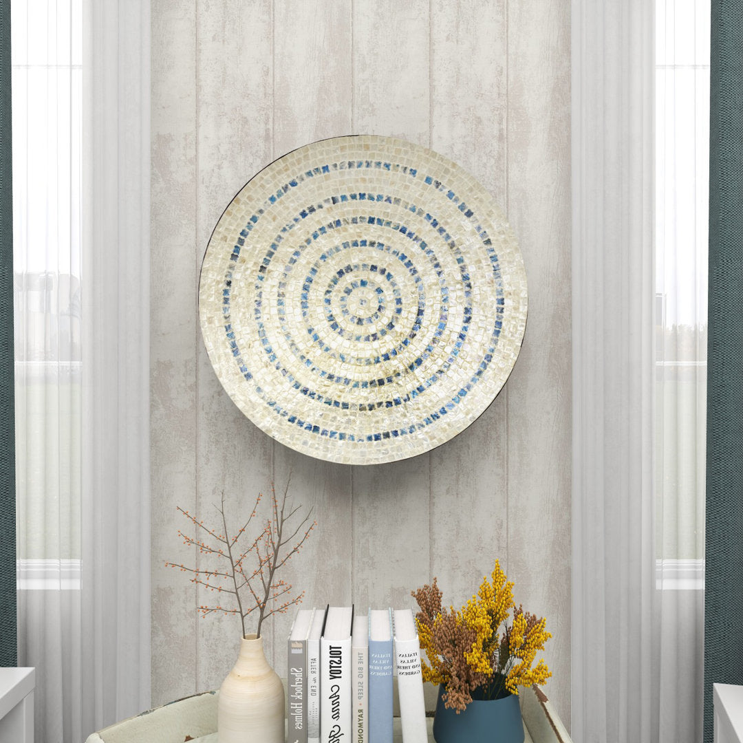 Mother of Pearl Shell Handmade Mosaic Plate Home Wall Decor with Blue Accents Dakota Fields