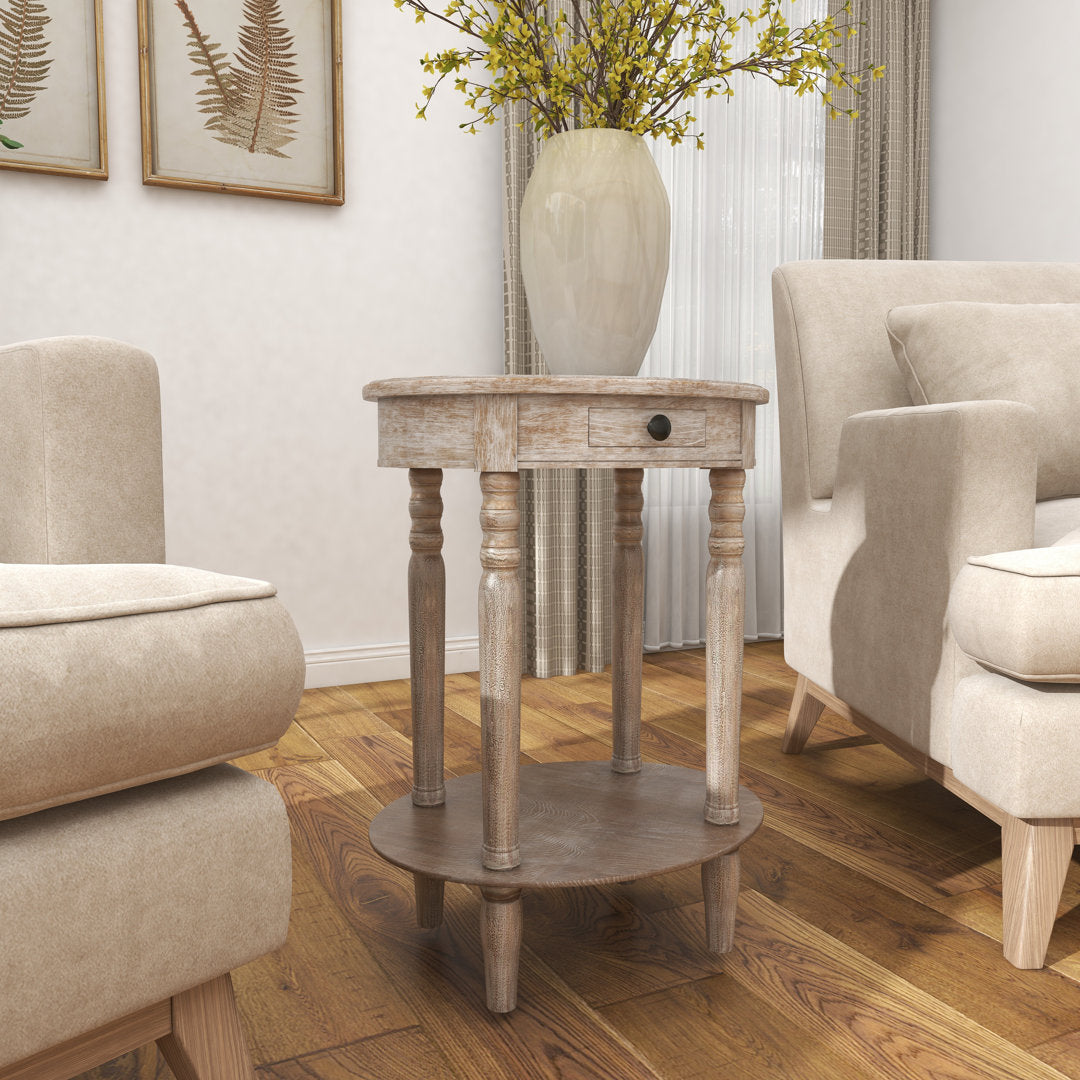 Meadville Wood Whitewashed Oval 1 Drawer and 1 Shelf Side End Light Brown Accent Table with Turned Legs Highland Dunes