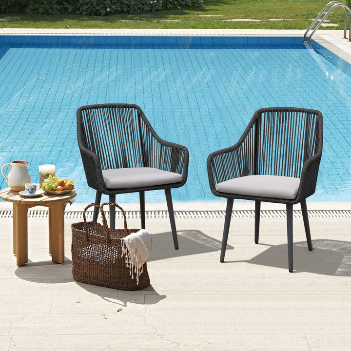 Cassil Patio Dining Armchair with Cushion (Set of 2) Wade Logan® Frame Color/Cushion Color: Black Frame/Light Gray Cushion