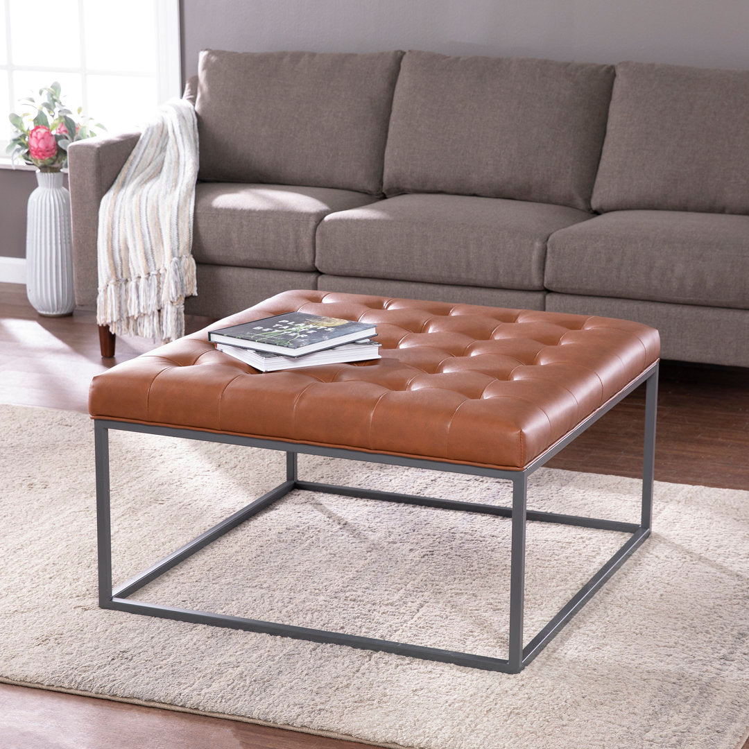 Bhorelal 34.75" Wide Faux Leather Tufted Square Cocktail Ottoman Wade Logan® Fabric: Brown
