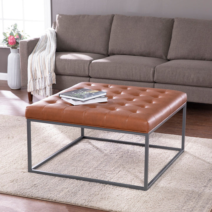 Bhorelal 34.75" Wide Faux Leather Tufted Square Cocktail Ottoman Wade Logan® Fabric: Brown