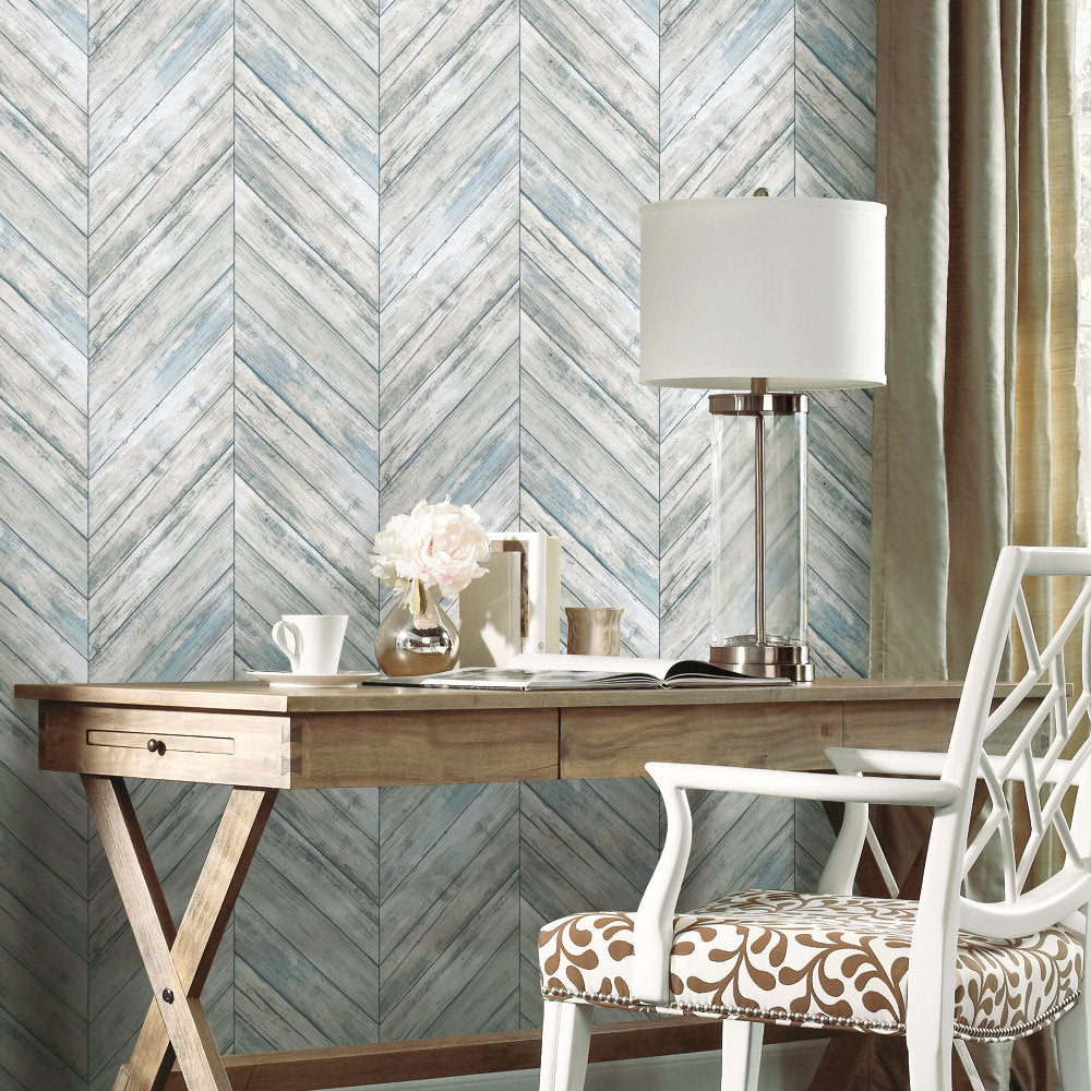 Healdton Herringbone Wood Boards 16.5' L X 20.5" W Peel and Stick Wallpaper Roll Foundry Select Color: Blue/Gray